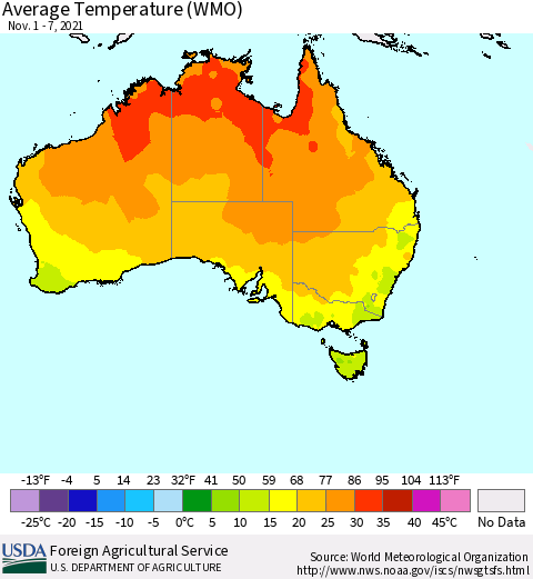 Australia Average Temperature (WMO) Thematic Map For 11/1/2021 - 11/7/2021