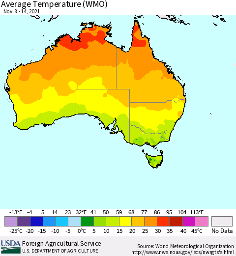 Australia Average Temperature (WMO) Thematic Map For 11/8/2021 - 11/14/2021