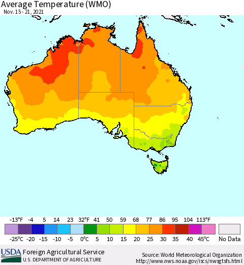 Australia Average Temperature (WMO) Thematic Map For 11/15/2021 - 11/21/2021