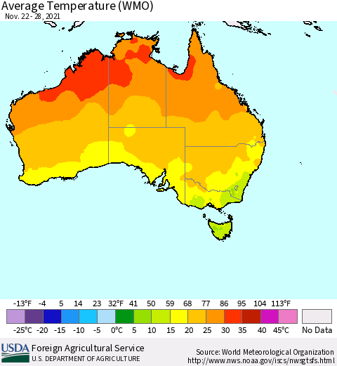 Australia Average Temperature (WMO) Thematic Map For 11/22/2021 - 11/28/2021