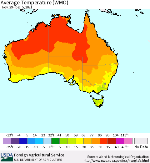Australia Average Temperature (WMO) Thematic Map For 11/29/2021 - 12/5/2021