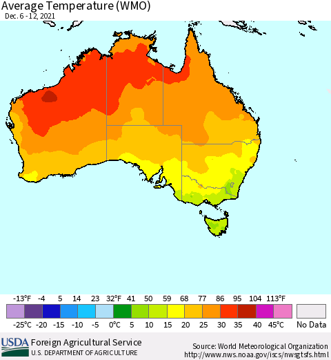 Australia Average Temperature (WMO) Thematic Map For 12/6/2021 - 12/12/2021