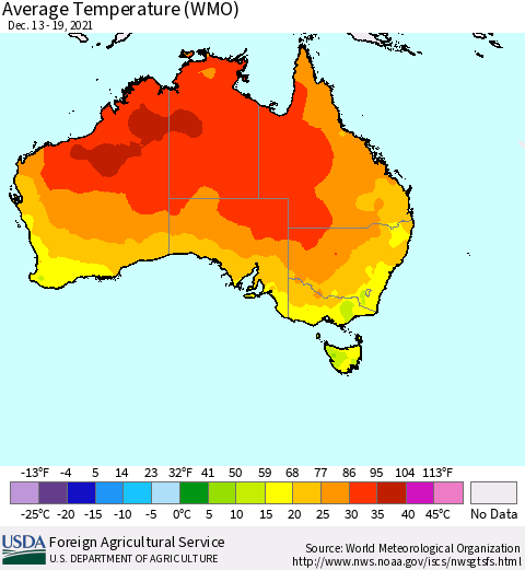 Australia Average Temperature (WMO) Thematic Map For 12/13/2021 - 12/19/2021
