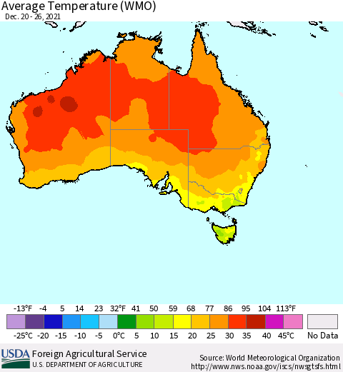 Australia Average Temperature (WMO) Thematic Map For 12/20/2021 - 12/26/2021