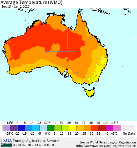 Australia Average Temperature (WMO) Thematic Map For 12/27/2021 - 1/2/2022