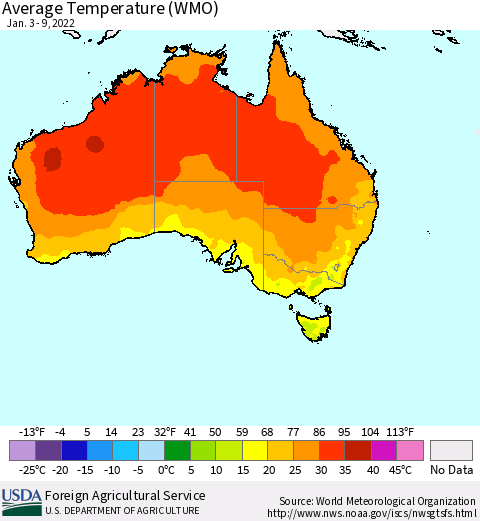 Australia Average Temperature (WMO) Thematic Map For 1/3/2022 - 1/9/2022