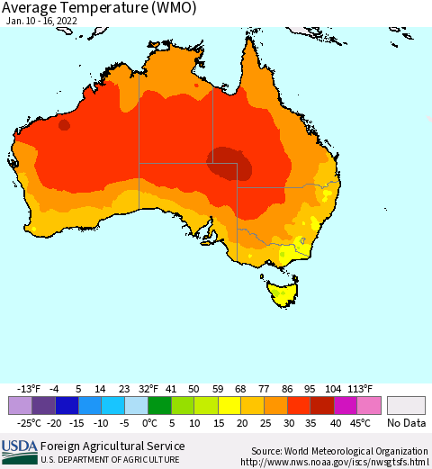 Australia Average Temperature (WMO) Thematic Map For 1/10/2022 - 1/16/2022