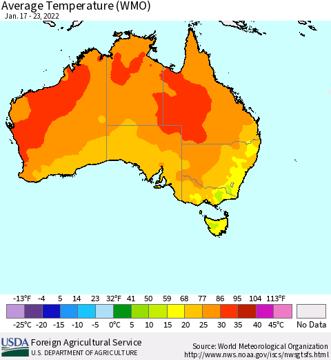 Australia Average Temperature (WMO) Thematic Map For 1/17/2022 - 1/23/2022
