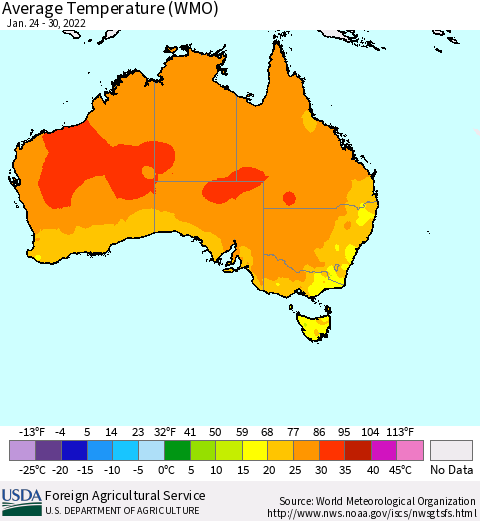 Australia Average Temperature (WMO) Thematic Map For 1/24/2022 - 1/30/2022