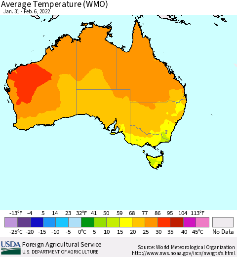 Australia Average Temperature (WMO) Thematic Map For 1/31/2022 - 2/6/2022