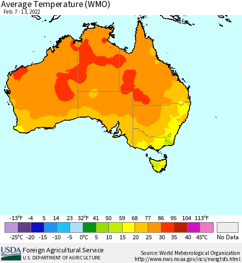 Australia Average Temperature (WMO) Thematic Map For 2/7/2022 - 2/13/2022