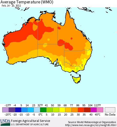 Australia Average Temperature (WMO) Thematic Map For 2/14/2022 - 2/20/2022