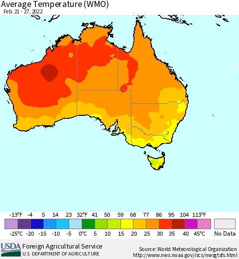 Australia Average Temperature (WMO) Thematic Map For 2/21/2022 - 2/27/2022