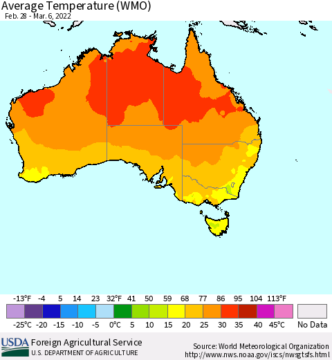 Australia Average Temperature (WMO) Thematic Map For 2/28/2022 - 3/6/2022