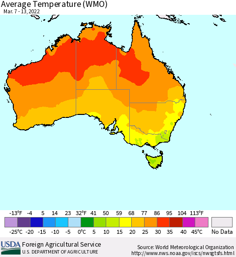 Australia Average Temperature (WMO) Thematic Map For 3/7/2022 - 3/13/2022