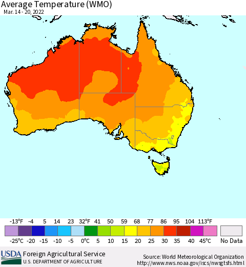 Australia Average Temperature (WMO) Thematic Map For 3/14/2022 - 3/20/2022