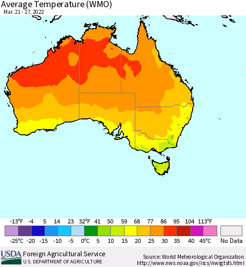 Australia Average Temperature (WMO) Thematic Map For 3/21/2022 - 3/27/2022