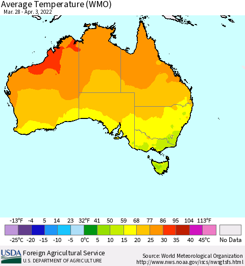 Australia Average Temperature (WMO) Thematic Map For 3/28/2022 - 4/3/2022