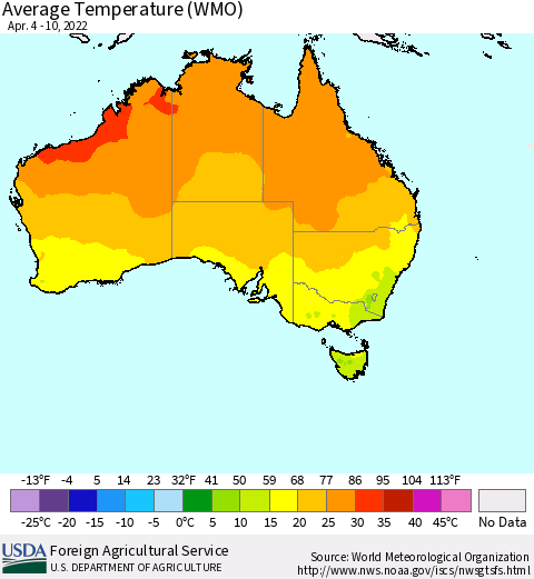 Australia Average Temperature (WMO) Thematic Map For 4/4/2022 - 4/10/2022