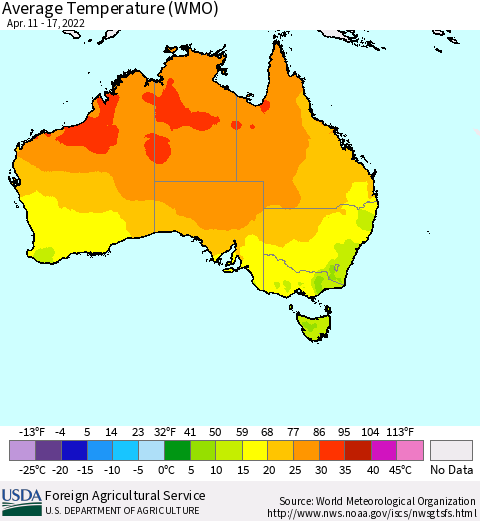 Australia Average Temperature (WMO) Thematic Map For 4/11/2022 - 4/17/2022