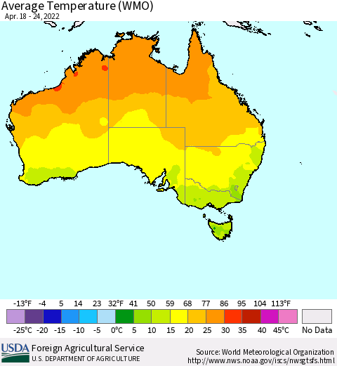 Australia Average Temperature (WMO) Thematic Map For 4/18/2022 - 4/24/2022