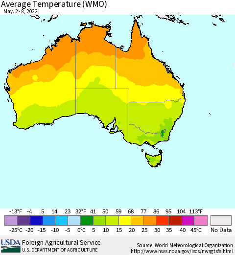 Australia Average Temperature (WMO) Thematic Map For 5/2/2022 - 5/8/2022