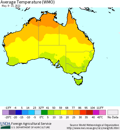 Australia Average Temperature (WMO) Thematic Map For 5/9/2022 - 5/15/2022