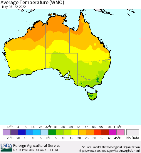 Australia Average Temperature (WMO) Thematic Map For 5/16/2022 - 5/22/2022