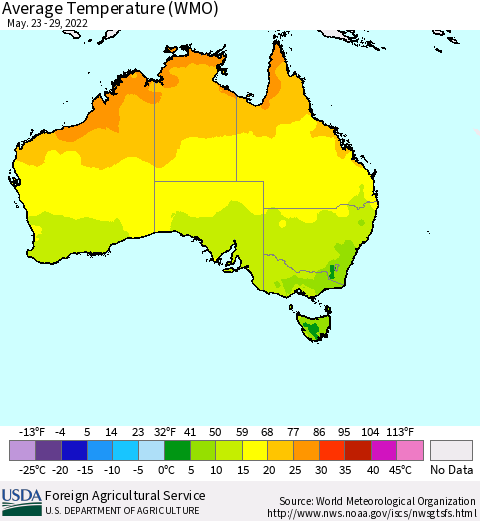 Australia Average Temperature (WMO) Thematic Map For 5/23/2022 - 5/29/2022