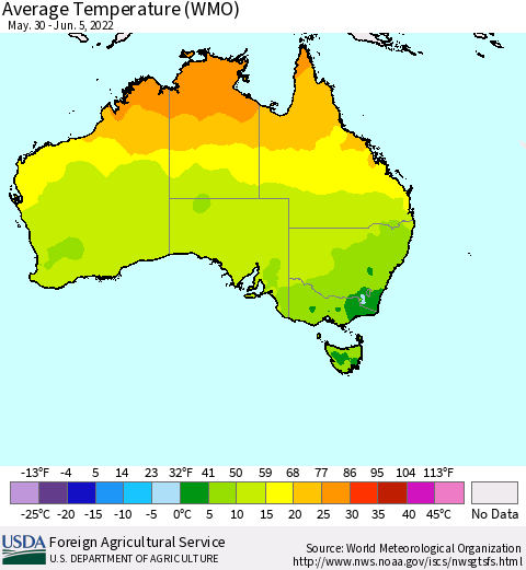 Australia Average Temperature (WMO) Thematic Map For 5/30/2022 - 6/5/2022