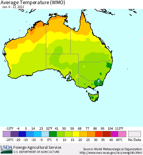 Australia Average Temperature (WMO) Thematic Map For 6/6/2022 - 6/12/2022