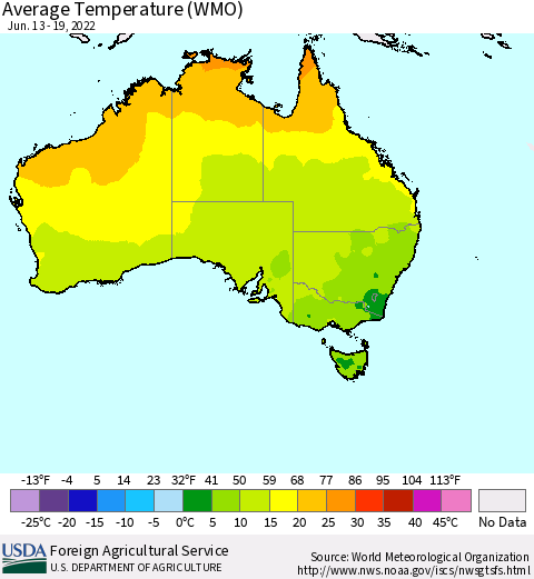 Australia Average Temperature (WMO) Thematic Map For 6/13/2022 - 6/19/2022