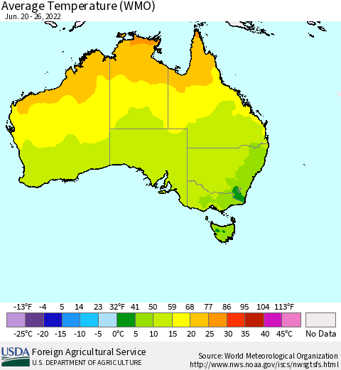 Australia Average Temperature (WMO) Thematic Map For 6/20/2022 - 6/26/2022