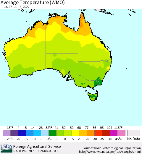Australia Average Temperature (WMO) Thematic Map For 6/27/2022 - 7/3/2022