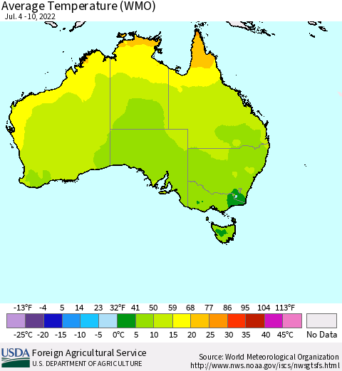 Australia Average Temperature (WMO) Thematic Map For 7/4/2022 - 7/10/2022