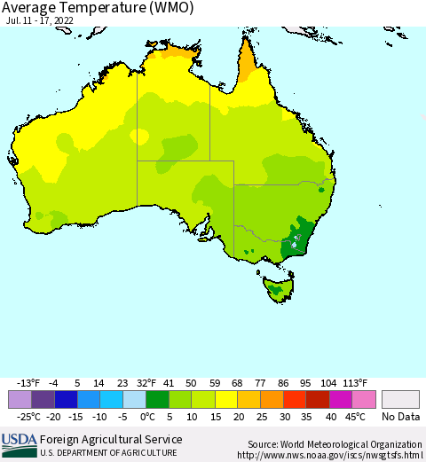 Australia Average Temperature (WMO) Thematic Map For 7/11/2022 - 7/17/2022