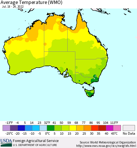 Australia Average Temperature (WMO) Thematic Map For 7/18/2022 - 7/24/2022