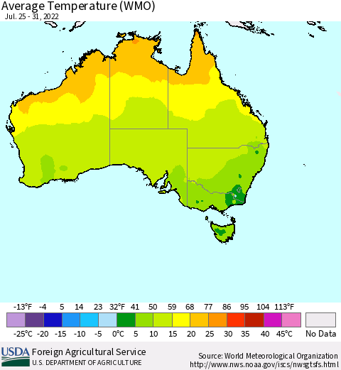 Australia Average Temperature (WMO) Thematic Map For 7/25/2022 - 7/31/2022
