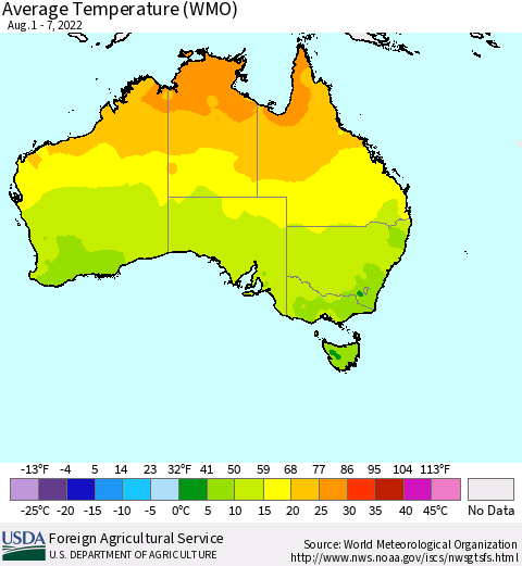 Australia Average Temperature (WMO) Thematic Map For 8/1/2022 - 8/7/2022