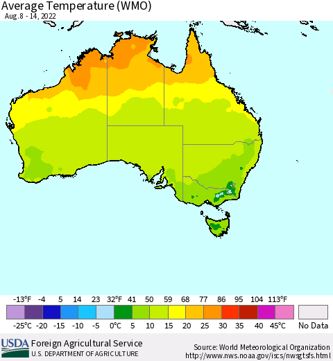 Australia Average Temperature (WMO) Thematic Map For 8/8/2022 - 8/14/2022