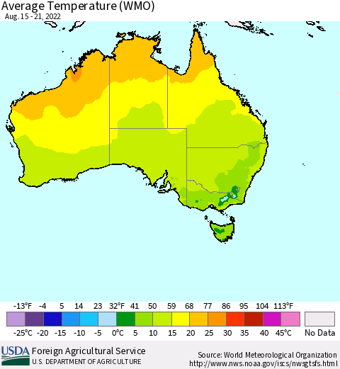 Australia Average Temperature (WMO) Thematic Map For 8/15/2022 - 8/21/2022