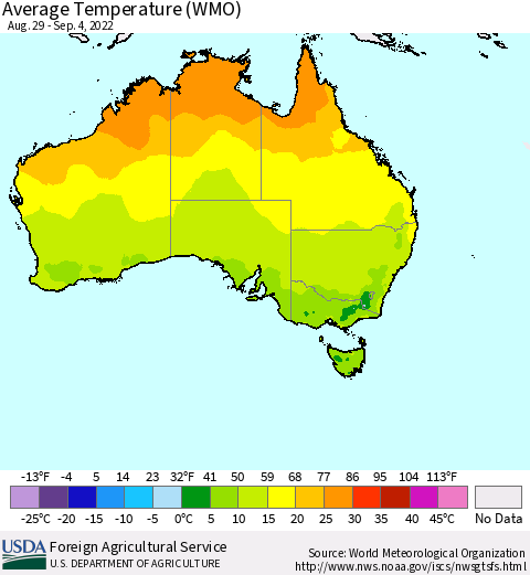 Australia Average Temperature (WMO) Thematic Map For 8/29/2022 - 9/4/2022