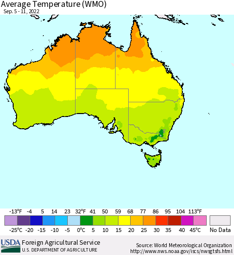 Australia Average Temperature (WMO) Thematic Map For 9/5/2022 - 9/11/2022