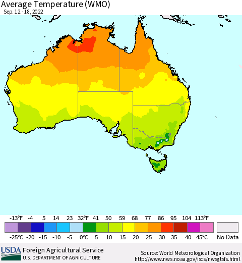 Australia Average Temperature (WMO) Thematic Map For 9/12/2022 - 9/18/2022