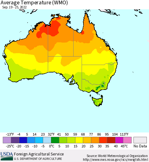 Australia Average Temperature (WMO) Thematic Map For 9/19/2022 - 9/25/2022
