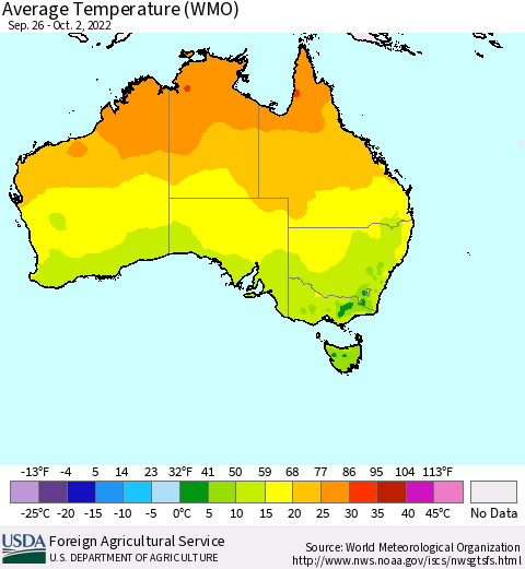Australia Average Temperature (WMO) Thematic Map For 9/26/2022 - 10/2/2022