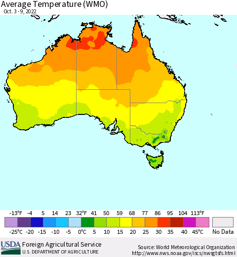 Australia Average Temperature (WMO) Thematic Map For 10/3/2022 - 10/9/2022