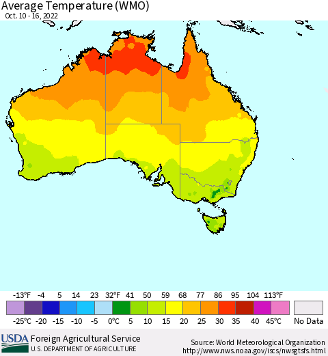Australia Average Temperature (WMO) Thematic Map For 10/10/2022 - 10/16/2022