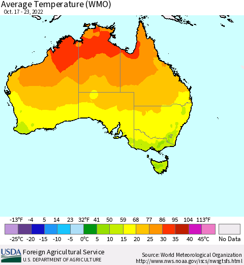 Australia Average Temperature (WMO) Thematic Map For 10/17/2022 - 10/23/2022