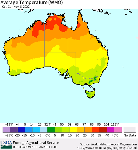 Australia Average Temperature (WMO) Thematic Map For 10/31/2022 - 11/6/2022